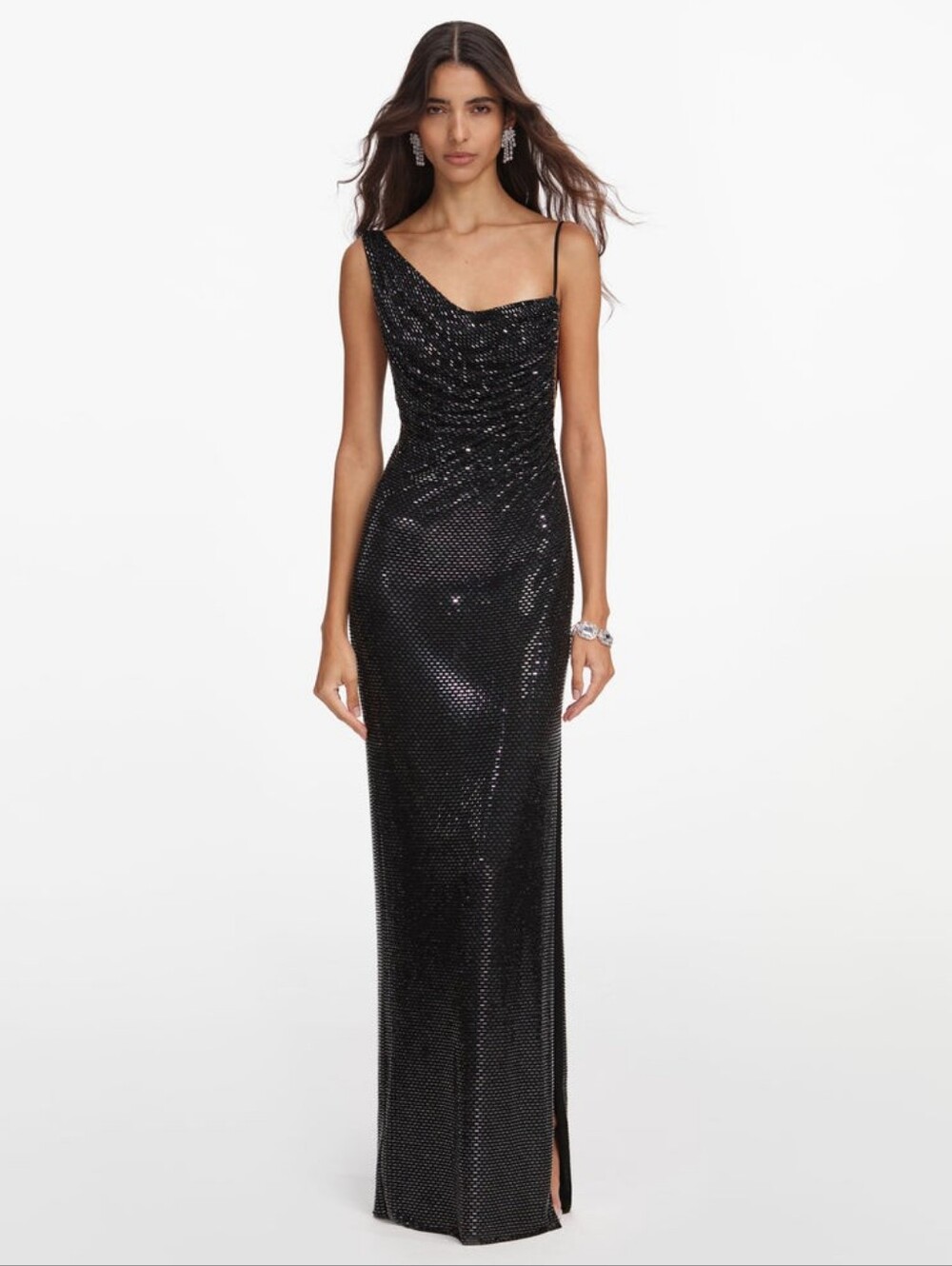 Self Portrait Black Rhinestone Draped Maxi Dress